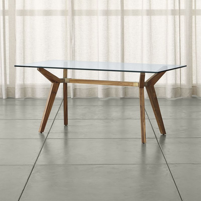 CRATE & BARREL - Escritorio Strut de Cristal con Base de Madera Teak