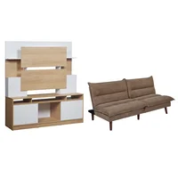 Combo Futón Cluny 3 cuerpos 2 plazas café + Rack de TV Mesina roble y blanco