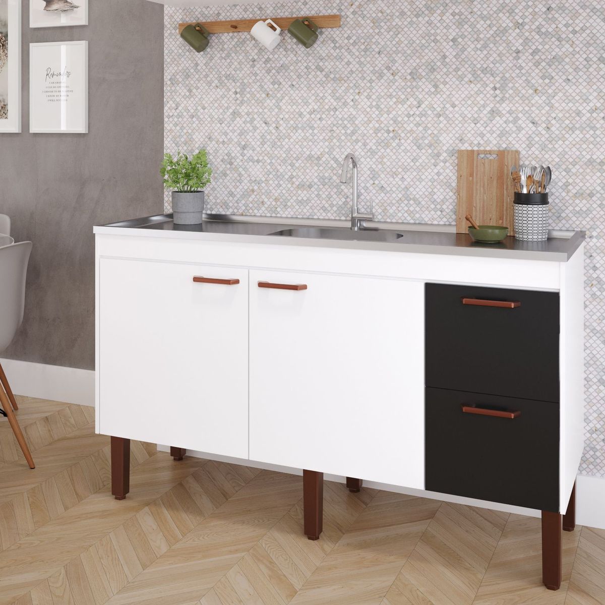 Balcão Cozinha Slim 144cm Branco/Preto Mgm, marca Mgm - Foto 2