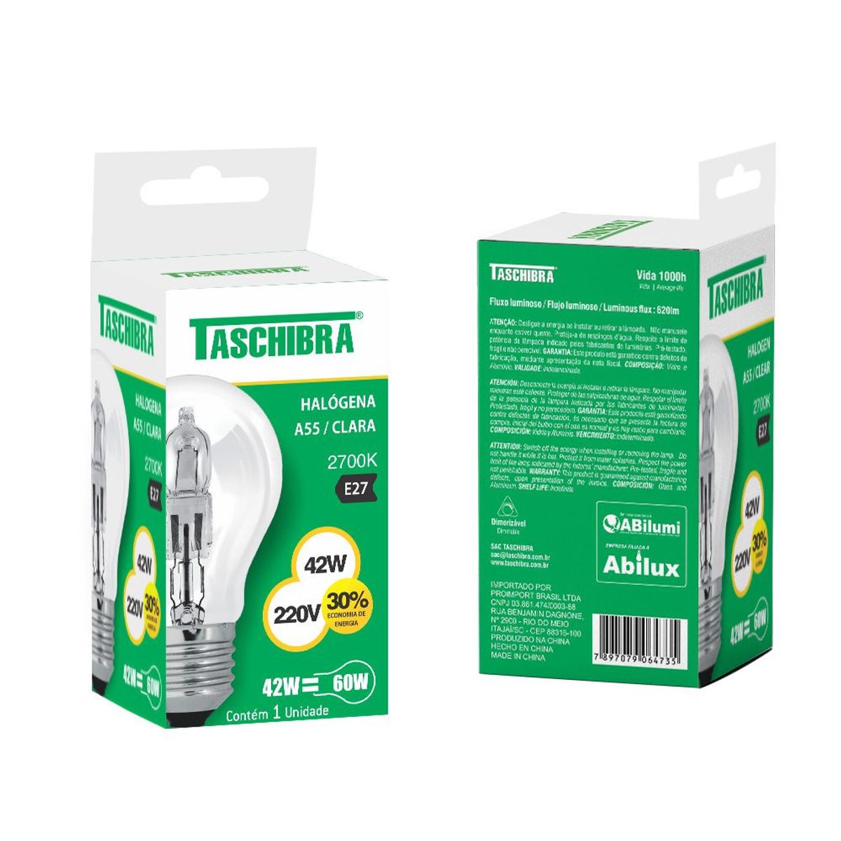 Lâmpada Halógena A55 42w 220v 2700k, marca Taschibra - Foto Principal