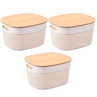 Conjunto com 3 Caixas Plástico Tampa Bambu Branco Just Home Collection
