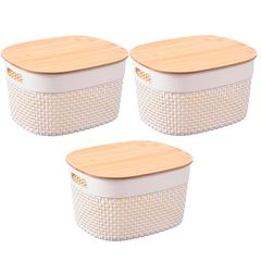 Conjunto com 3 Caixas Plástico Tampa Bambu Branco Just Home Collection