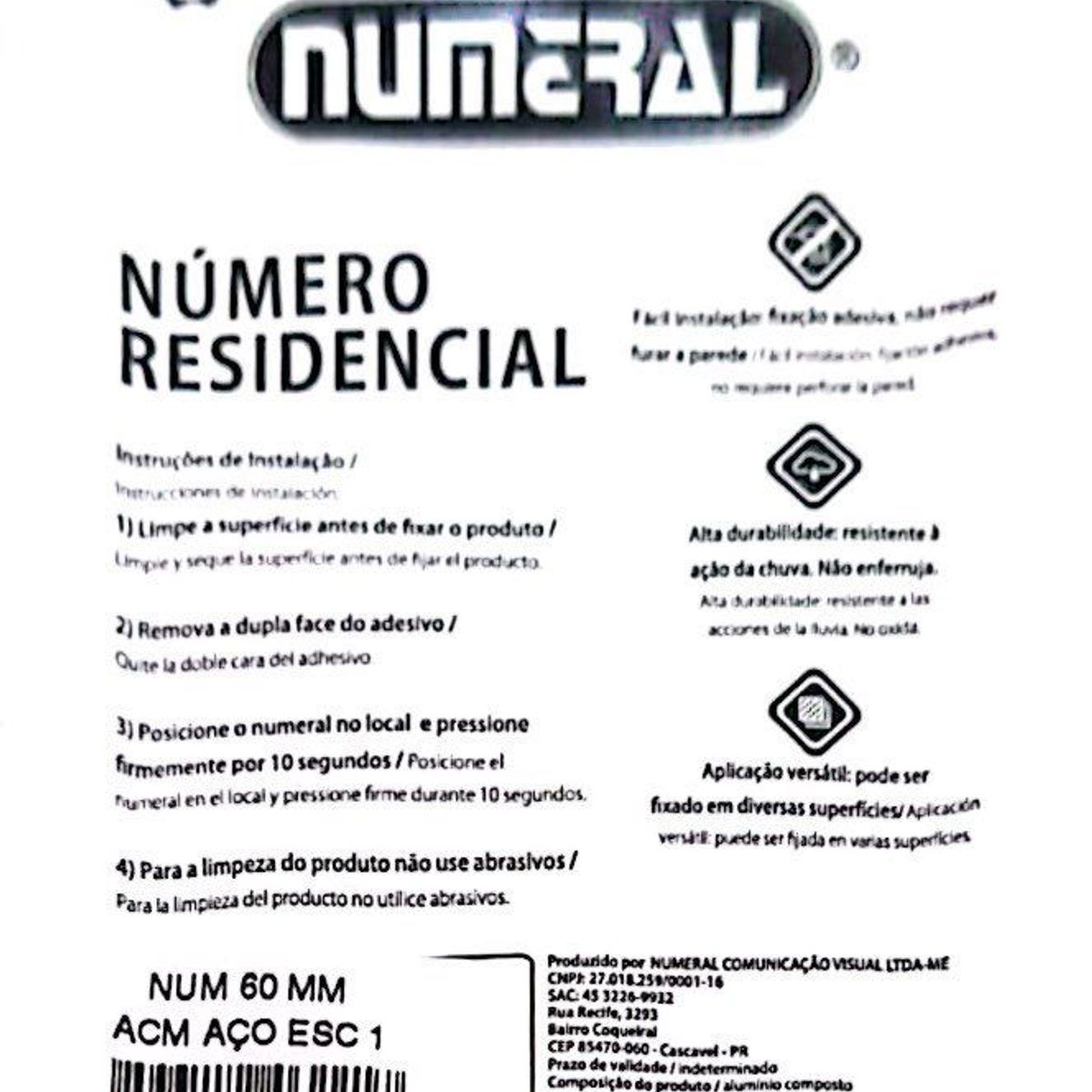 Algorismo 1 Em Aço Escovado 60mm ACM Numeral, marca 3m - Foto 2