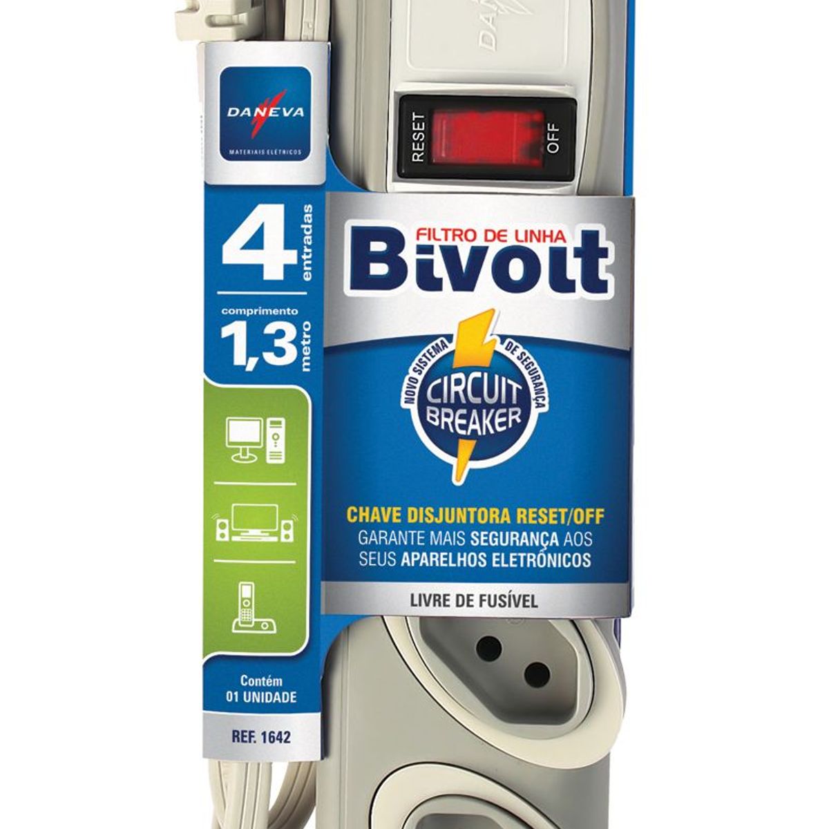 Filtro De Linha 3 Pinos 2P+T 10A 4 Tomadas Cabo Pp Com 1,3M, marca Daneva - Foto Principal