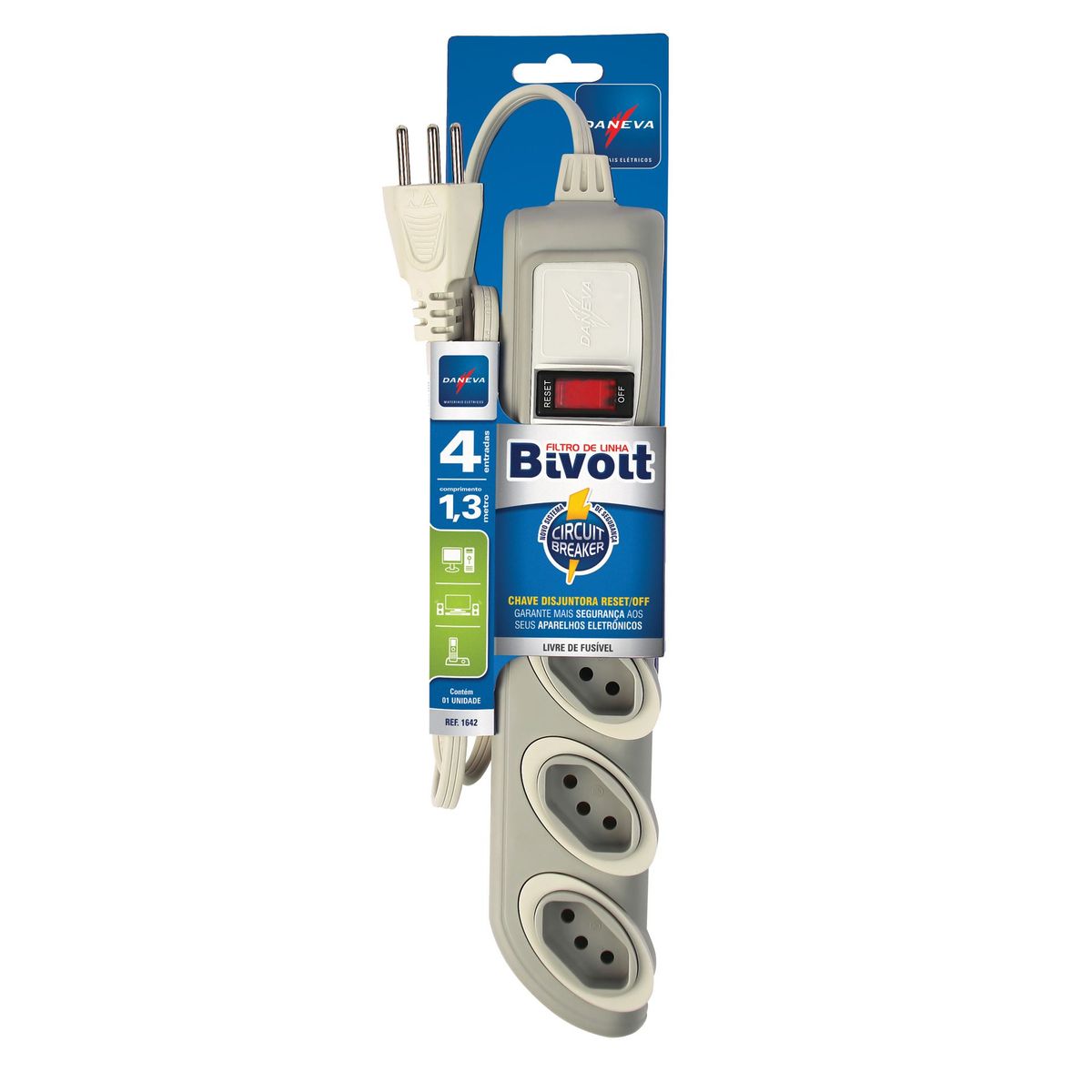 Filtro De Linha 3 Pinos 2P+T 10A 4 Tomadas Cabo Pp Com 1,3M, marca Daneva - Foto Principal