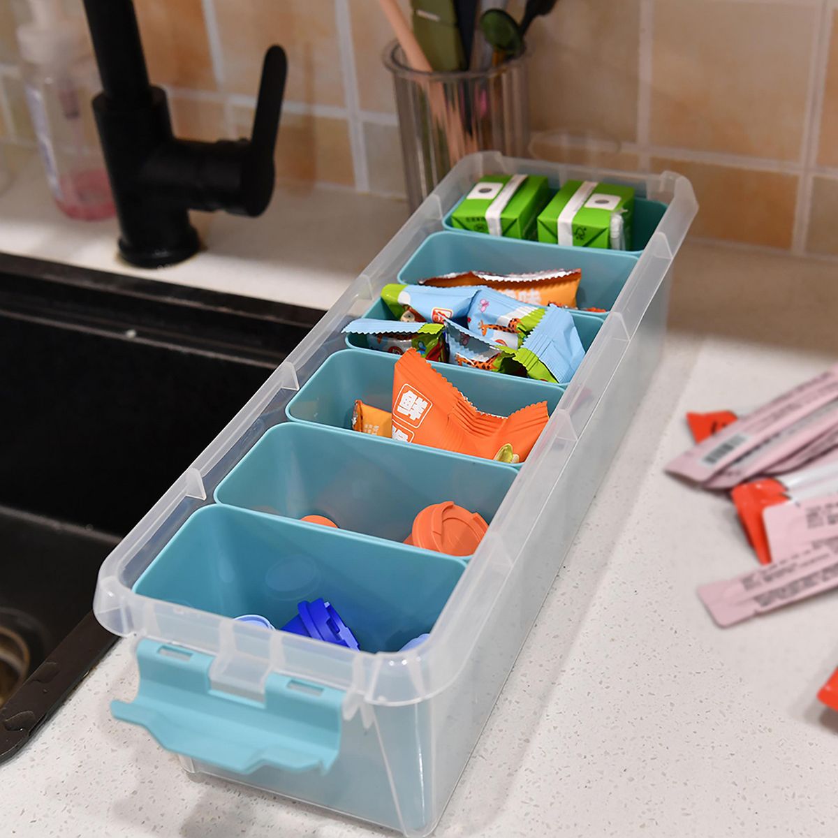 Caixa Organizadora Plastico Azul com 6 Divisorias 38x14x11cm Just Home Collection, marca Just Home Collection - Foto 2