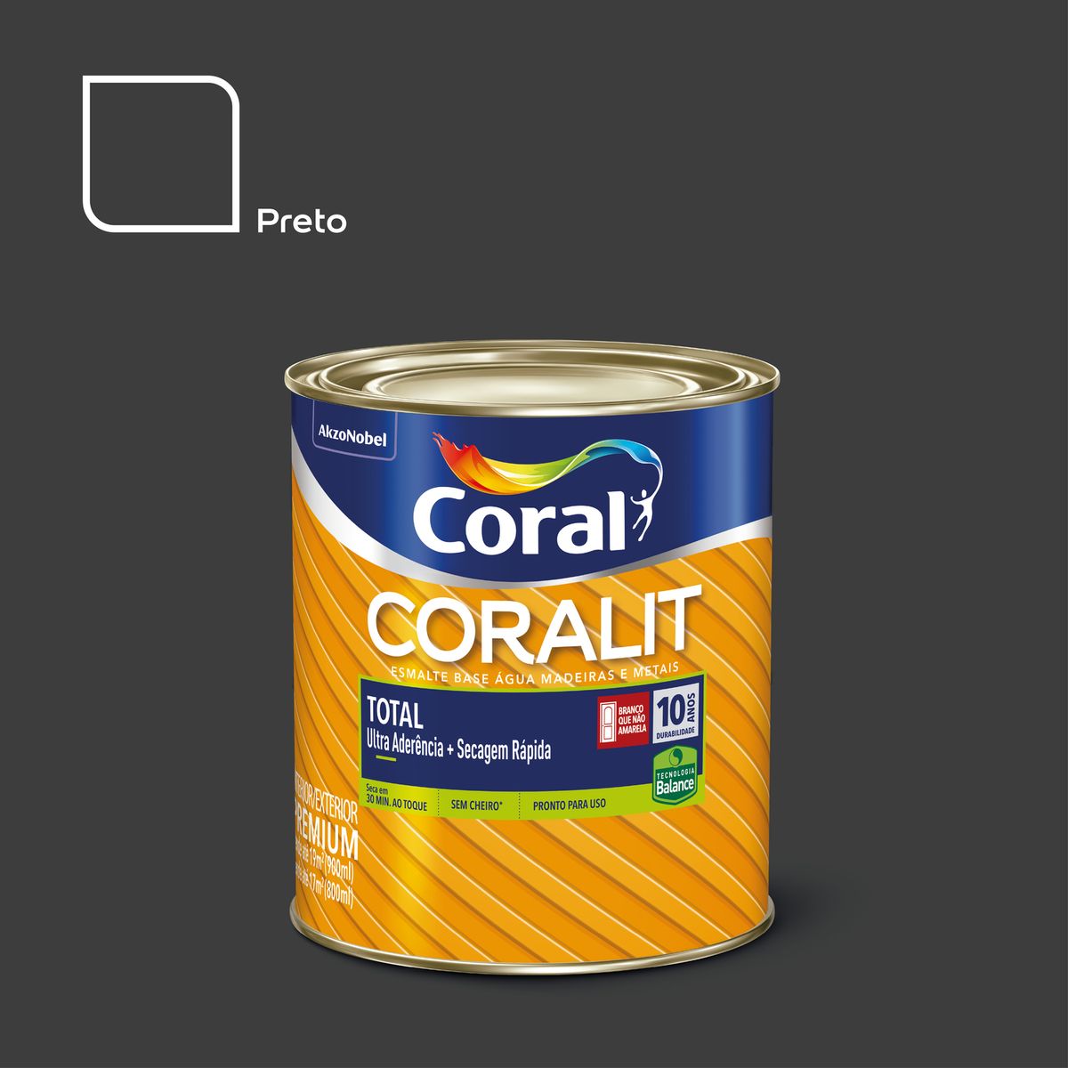 Esmalte Coralit Zero Base Agua Preto Fosco 900ml Premium para Madeiras e Metais, marca Tintas Coral - Foto Principal