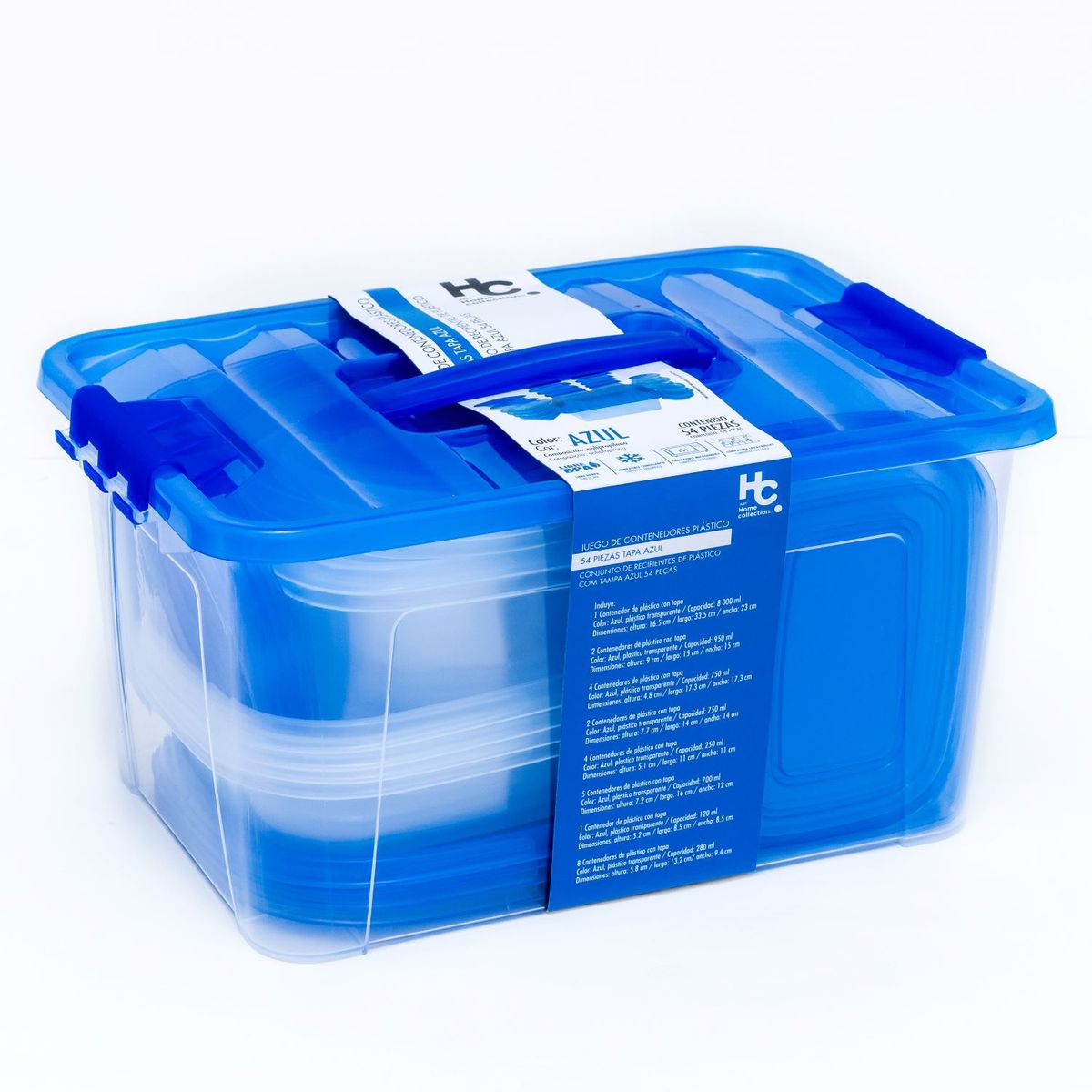 Jogo de Potes Plásticos Transparente/Azul 54 Peças, marca Just Home Collection - Foto Principal