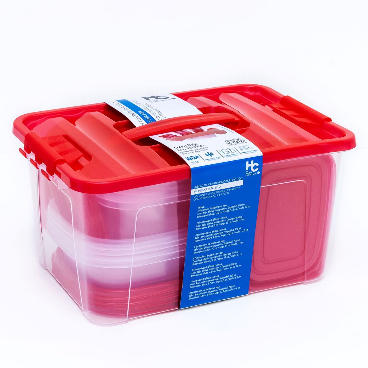 Jogo de Potes Plásticos Transparente/Vermelho 54 Peças, marca Just Home Collection - Foto Principal