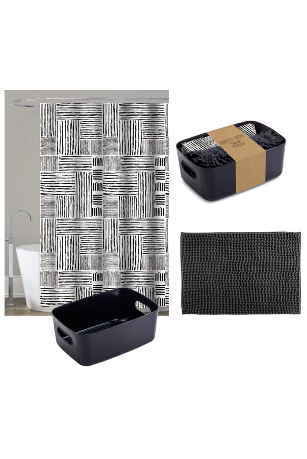 Conjunto de Banheiro Cortina + Limpeza + Cesta Preto | Sodimac