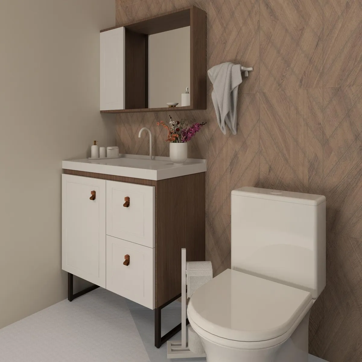 Gabinete paraBbanheiro Imperius 80cm com Pé Branco/Jequitiba Venturi, marca  - Foto Principal