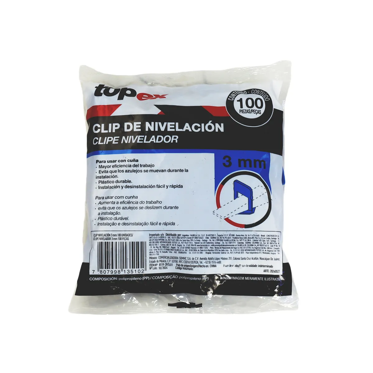 Espacador Nivelador 3.0 Mm Pac com 100 Unidades, marca Topex - Foto Principal