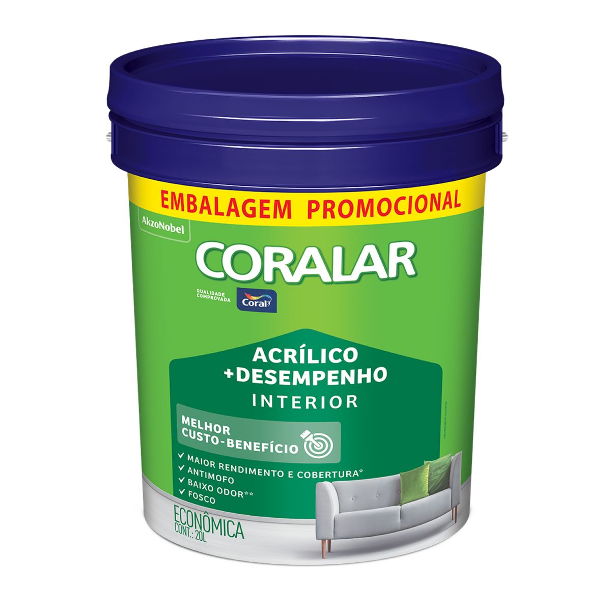 Tinta Econômica Acrílica Fosco + Desempenho Branco 20l Coralar, marca Coral - Foto Principal