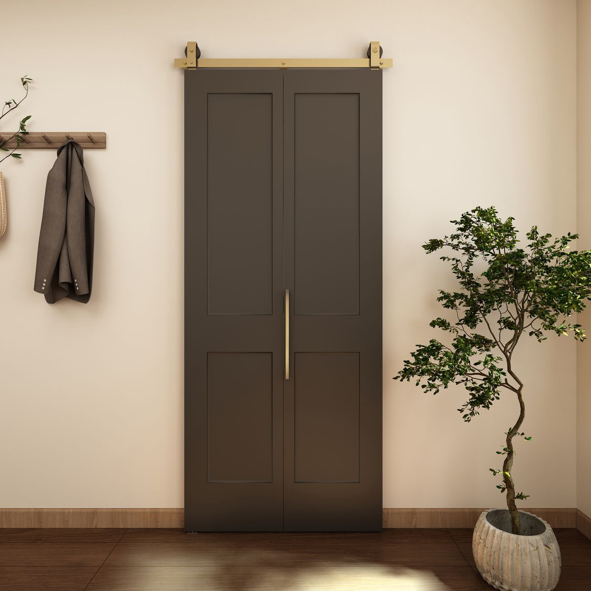 Porta Deslizante e Basculante Preta com Kit Ferragem e Puxador Dourado 228x101cm Holztek, marca Holztek - Foto 2