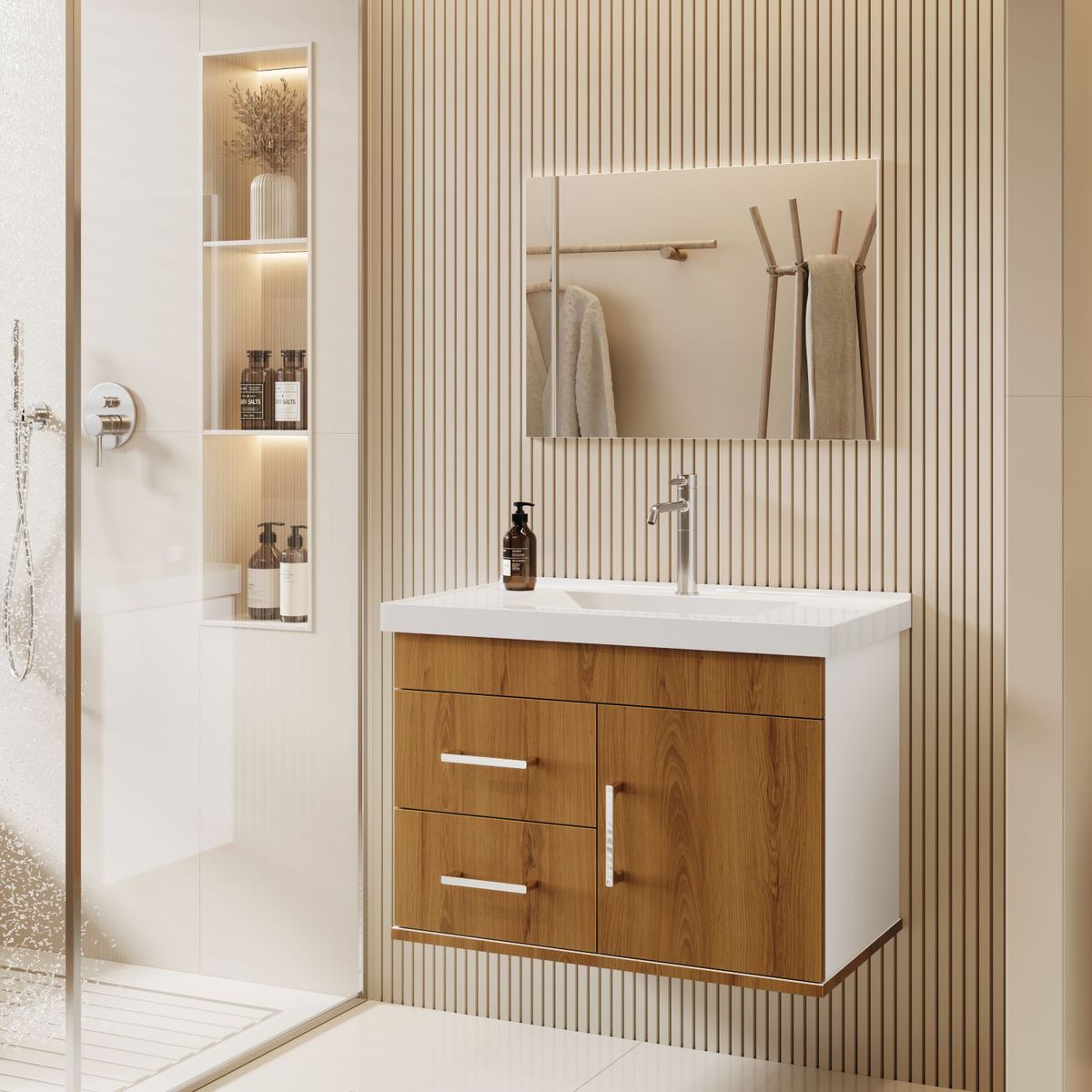Gabinete para Banheiro com Espelho 63cm Freijo e Branco Astral Design, marca Astral Design - Foto 2