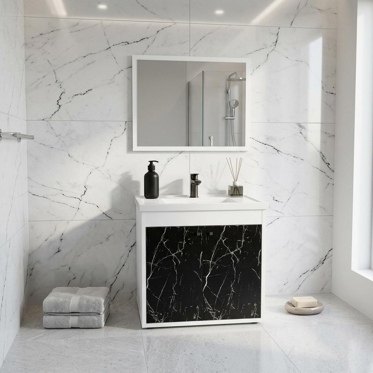 Gabinete para Banheiro com Espelho Aster 51cm Branco/marmore Preto Cerocha, marca Cerocha Móveis - Foto 2