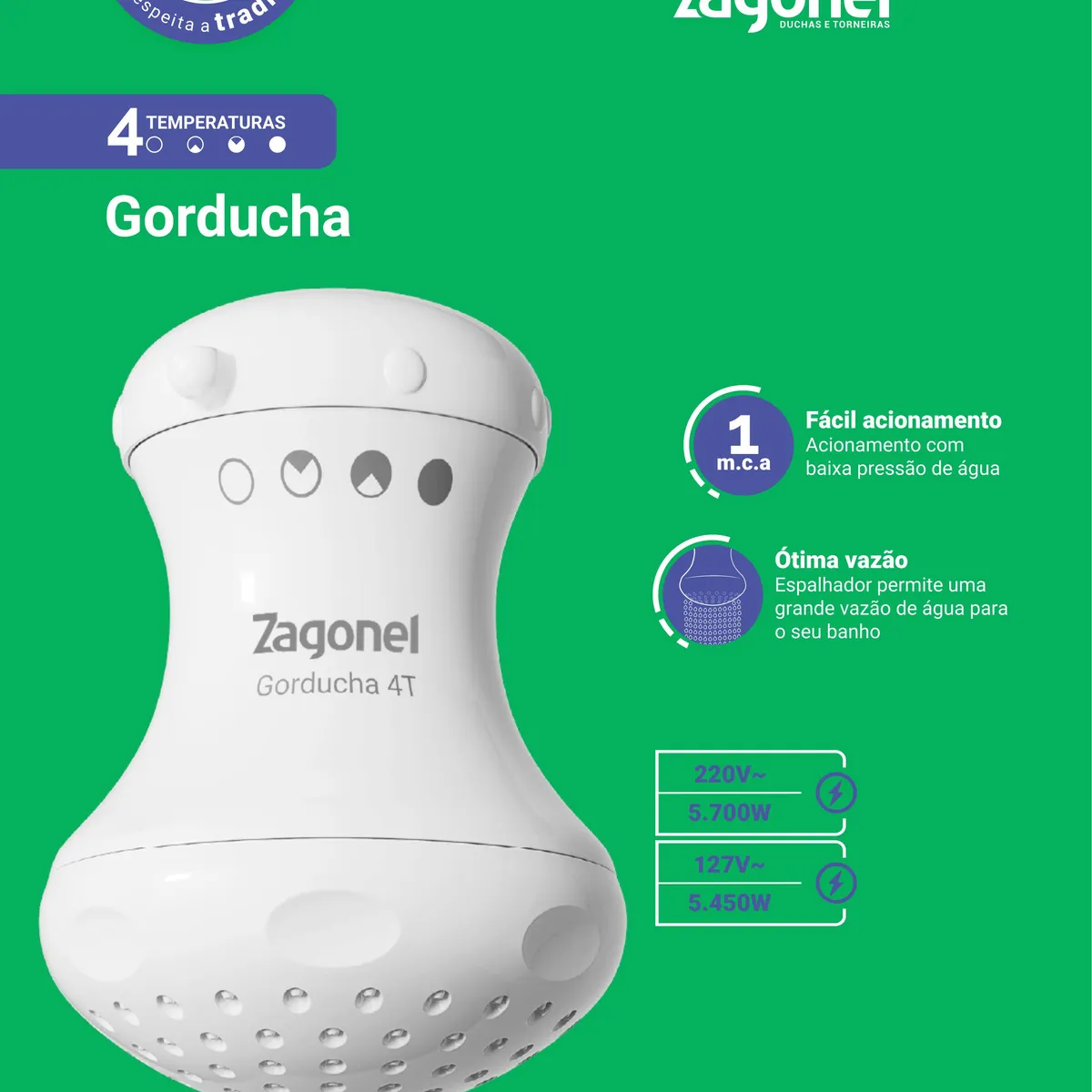 Chuveiro Elétrico Multitemperatura 127v 5450w Branco Redondo Gorducha 4t Zagonel, marca Zagonel - Foto 2