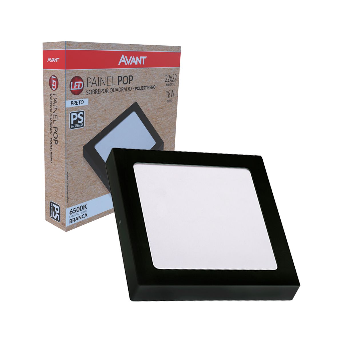 Painel Led Pop Quadrado Sobrepor 18w 4000k 22x22 Preto, marca  - Foto Principal