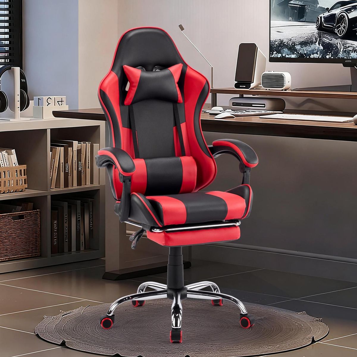 Cadeira Gamer com apoio para os pés Vermelha/Preta, marca Just Home Collection - Foto 2