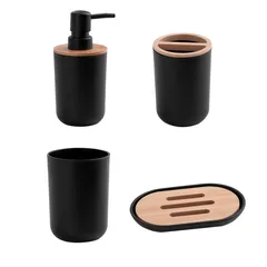 Conjunto Acessório de Banheiro com 4 Peças de Plástico Coleção Bambu Cor Preto Just Home Collection