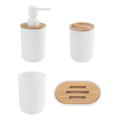Conjunto Acessório de Banheiro com 4 Peças de Plástico Coleção Bambu Cor Branco Just Home Collection