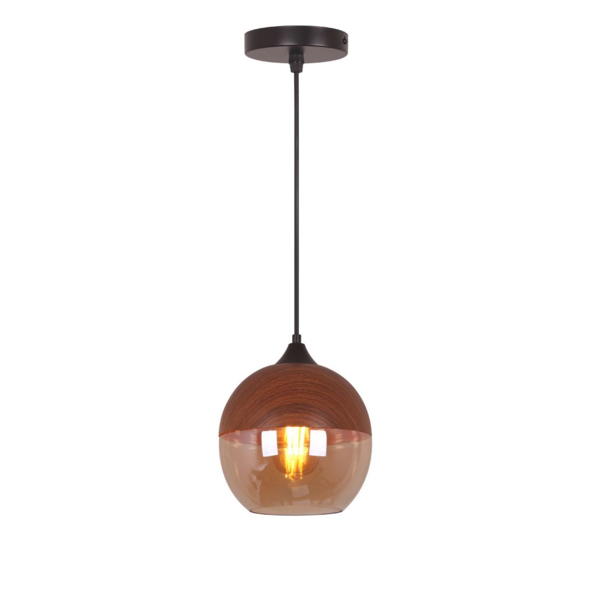 Pendente Wood Ball Madeira Ambar 1Xe27, marca Viena Luz - Foto Principal