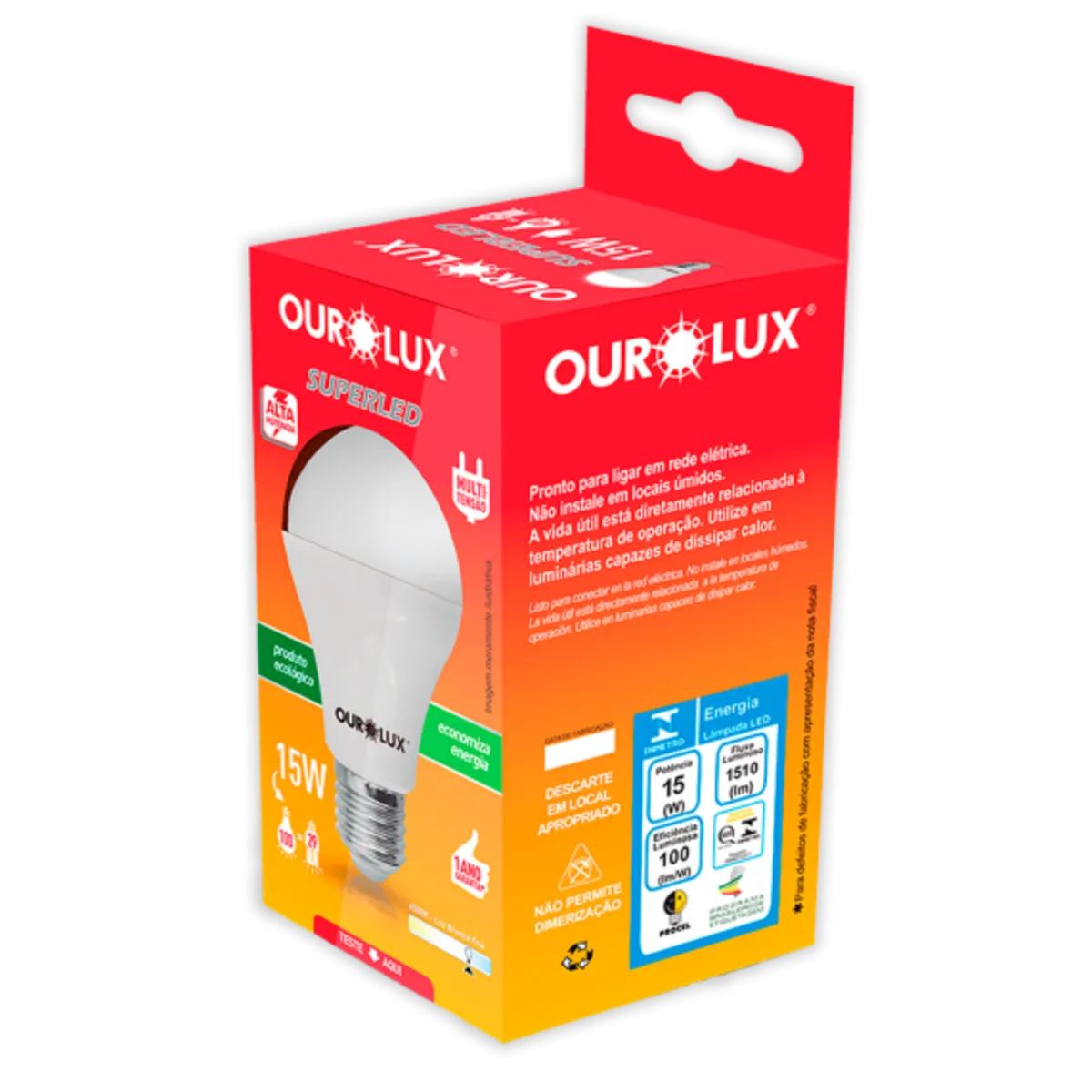 Lâmpada Bulbo 15w 3000k, marca Ourolux - Foto Principal