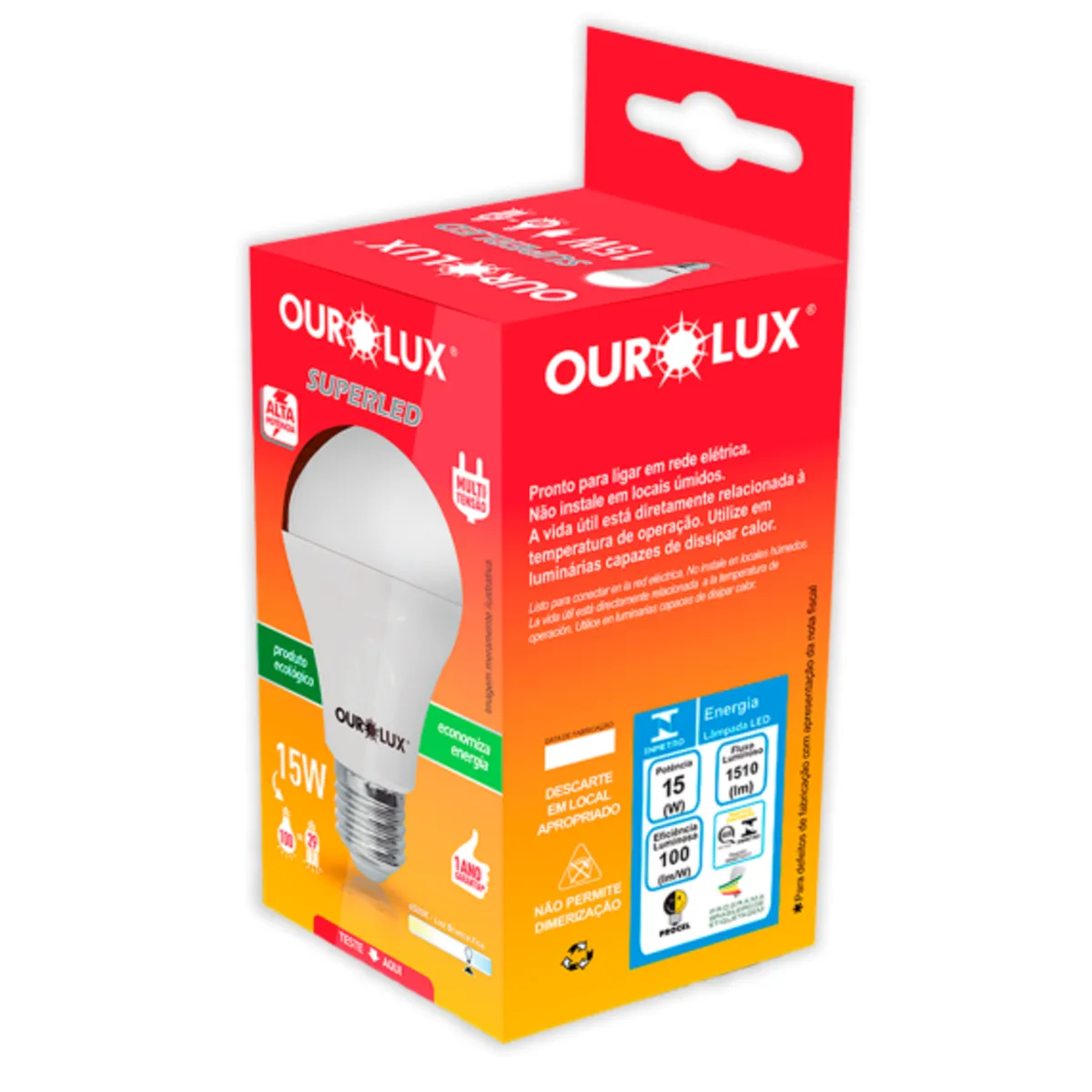 Lâmpada Bulbo 15w 3000k, marca Ourolux - Foto Principal