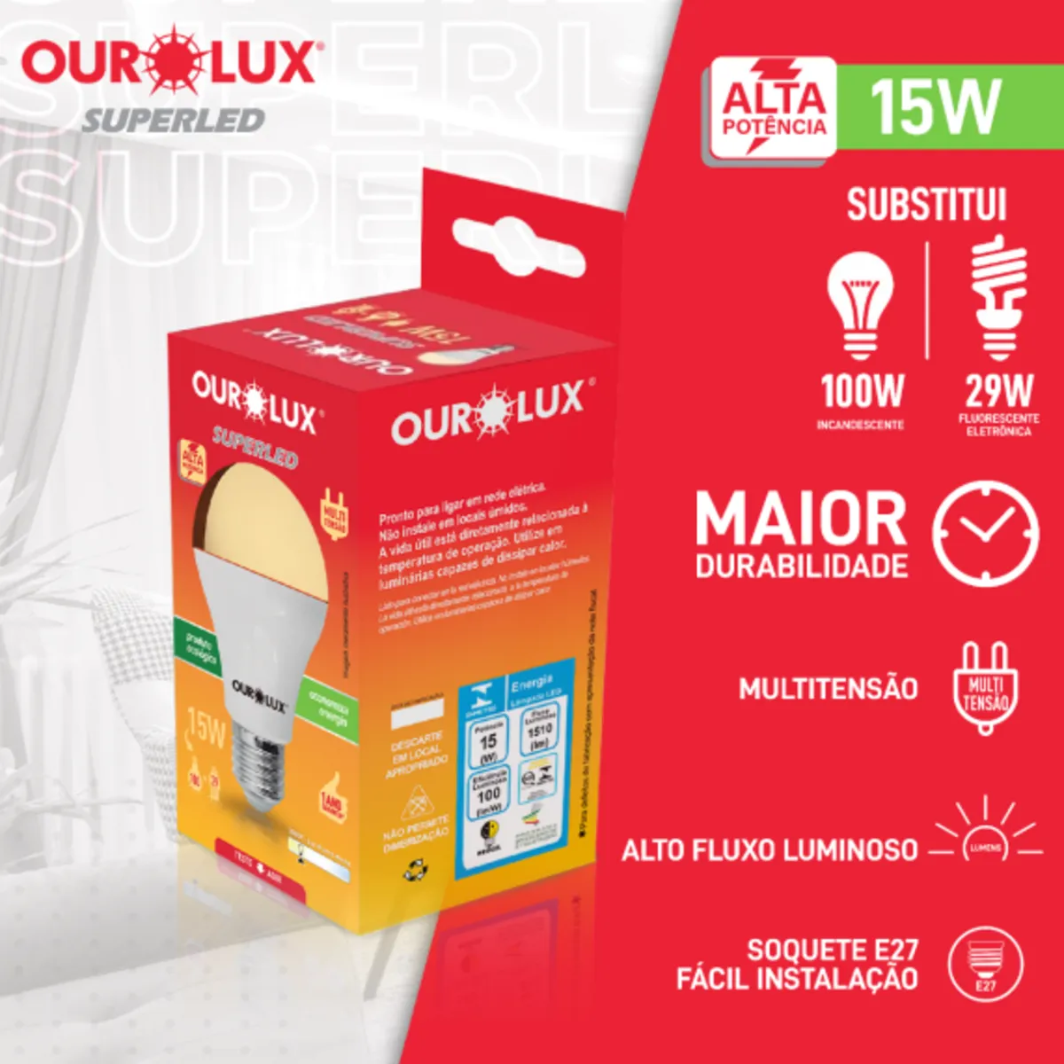 Lâmpada Bulbo 15w 3000k, marca Ourolux - Foto 2