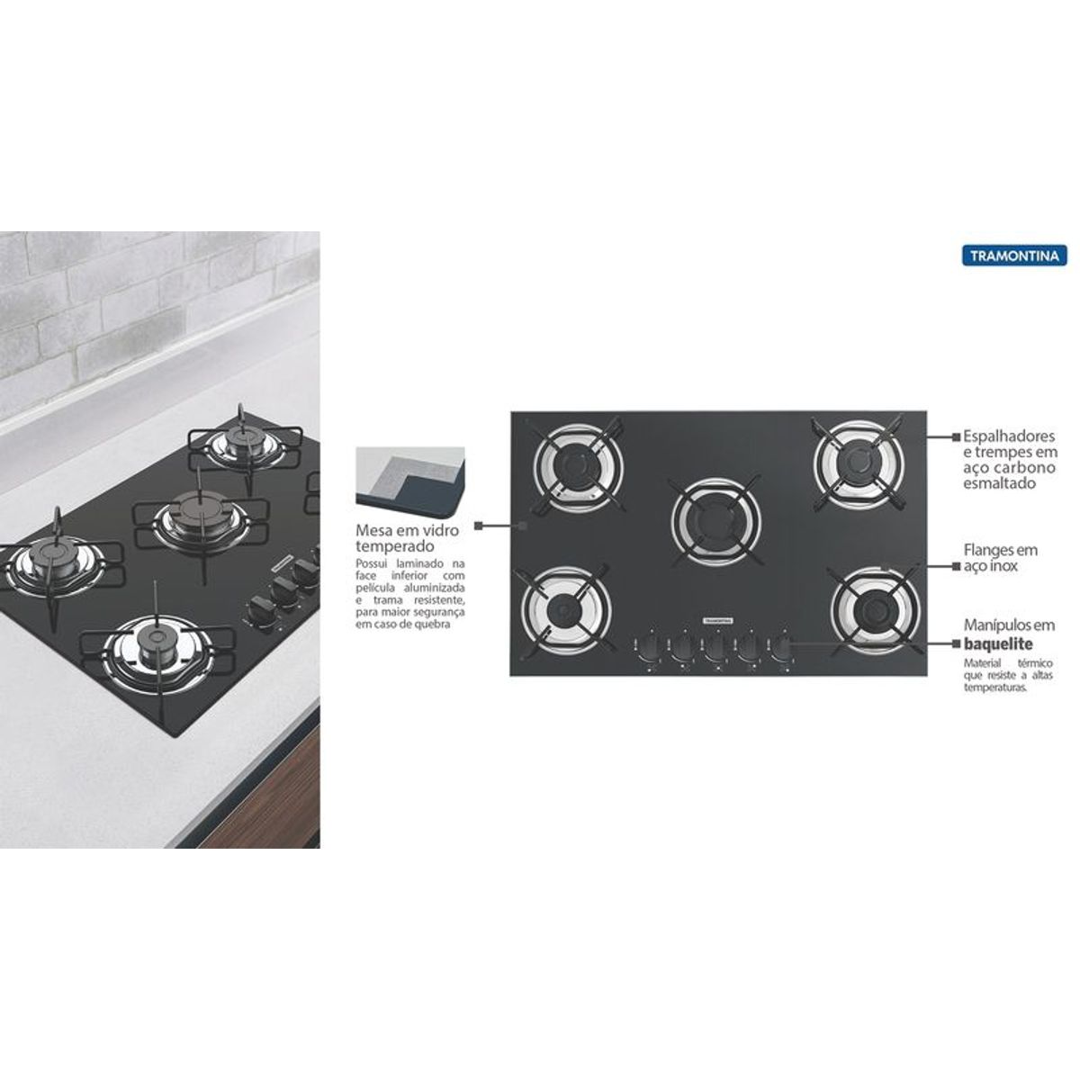 Cooktop Brasil 5Gg, Ref 94708/501, Inox, 77X50cm, marca Tramontina - Foto Principal