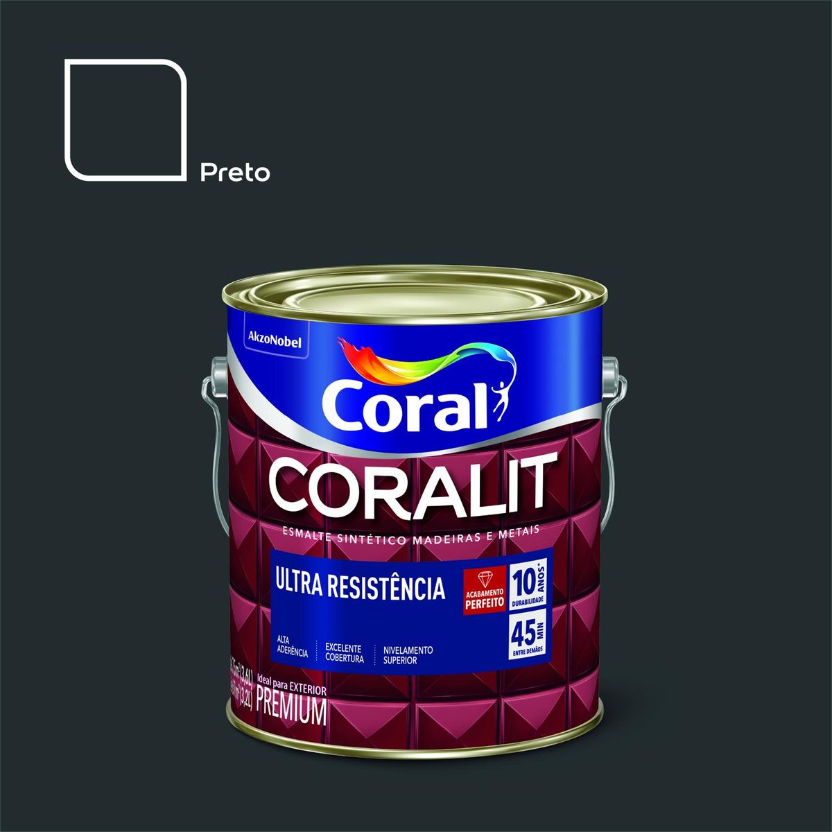 Esmalte Sintético Preto 3,6L Coralit Premium para Madeiras e Metais, marca Coral - Foto Principal