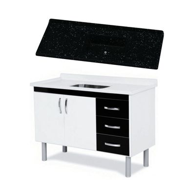 Kit 1 Gabinete Cozinha Toquio 116,2cm Preto + 1 Pia Sinttica, Preto, 120x55cm A. J. Rorato