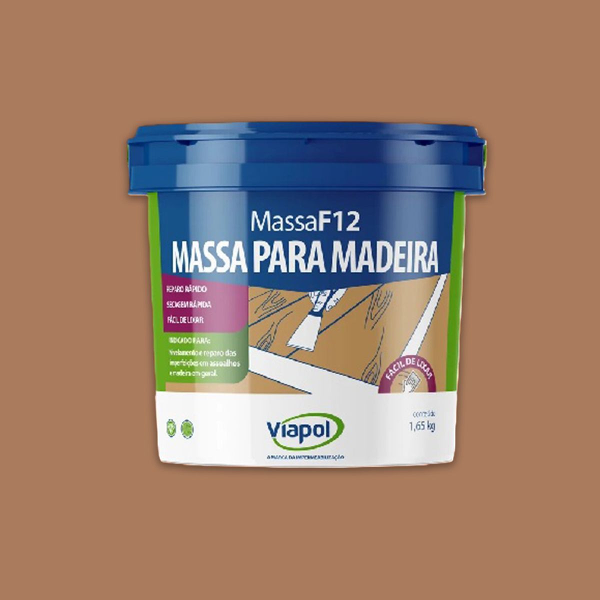 Massa para Madeira F12 Castanho 1,65Kg Viapol, marca Viapol - Foto Principal