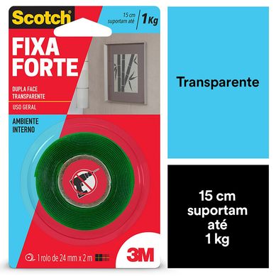 Fita Dupla Face 3M Scotch Fixa Forte Transparente - 24 mm x 2 m