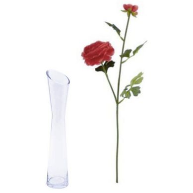 Combo com Vaso Uniflor Diagonal Transparente + Flor Artificial Rannculu 54cm Vermelho