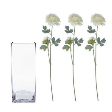 Combo Vaso Reto Alto Transparente + 3 Flores Artificiais Rannculus 54cm Amarelo