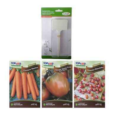 Kit Semente Horta Pimenta+Tomate Santa Cruz+Cenoura Nantes+Marcador para Semente 3 Peas