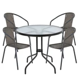 Kit Mesa Redonda de Metal com Vidro 80 cm Preto + 4 Cadeiras Ratan Preto e Marrom