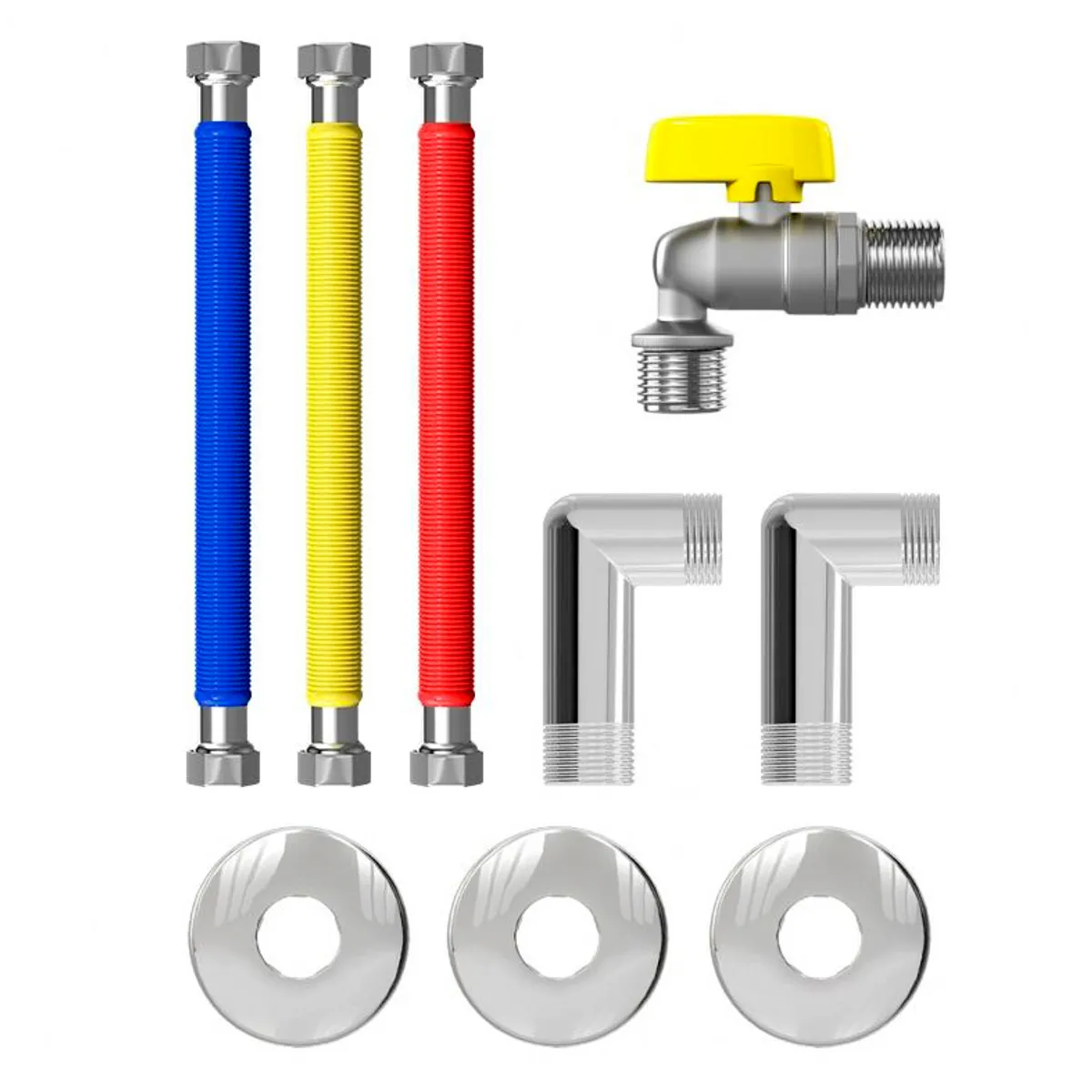 Kit Instalação de Aquecedor a Gás Passagem 40cm+3 Flexíveis Inox+ 3 Canoplas+ 1 Registro+2 Cotovelos, marca Censi - Foto Principal