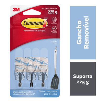 Gancho Adesivo para Utenslios 3M Command Transparente Mini - 3 unidades