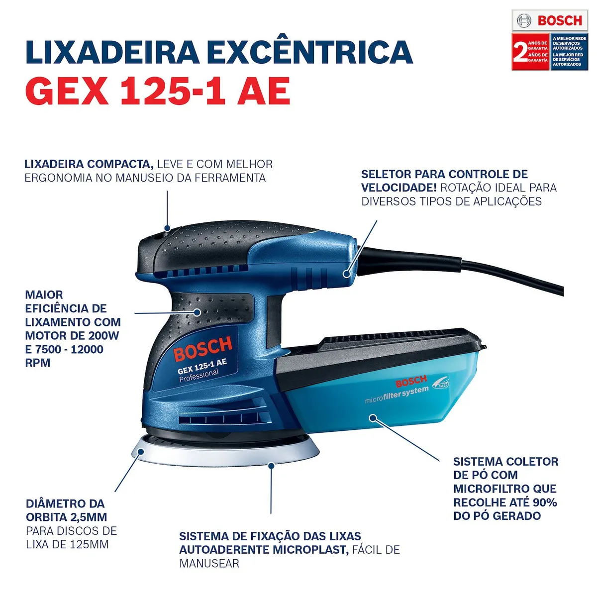 Lixadeira Roto Orbital GEX 125-1 AE 250W Coletor de pó 220V Bosch, marca Bosch Heavy Duty - Foto 2