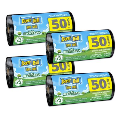 Kit com 4 Sacos de lixo 50L Super Forte Reciclado com 20 Sacos Cada Preto 45x22x30cm