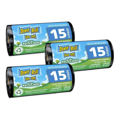 Kit com 3 Sacos de lixo 15L Super Forte Reciclado com 40 Sacos Cada Preto 40x27x22cm