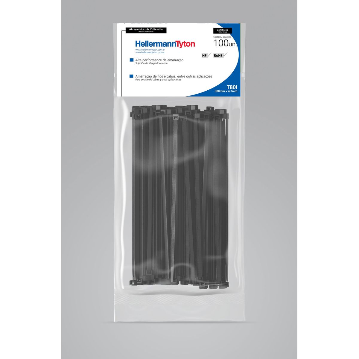 Abraçadeira Nylon T80I Preta 5X300mm Embalagem Com 100 Unidades, marca Hellermann - Foto Principal