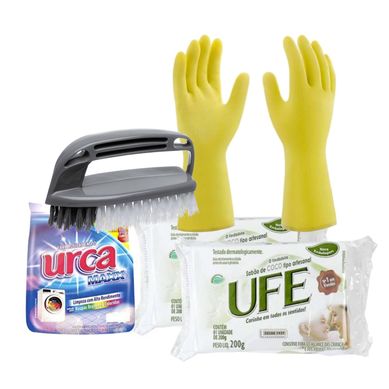 Kit Luvas Multiuso Forradas em Algodo Mdia + Escova Esfregona + 2 Sabes Ufe + Sabo Urca Sache