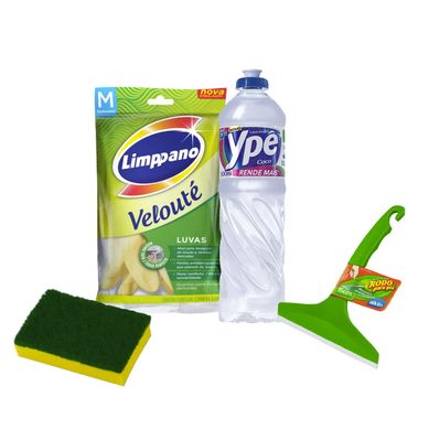 Kit Luvas Mximo Tato Mdio + Esponja Dupla Face c/ 3 Unidades + 3 Detergentes 500ml + Rodo para Pia