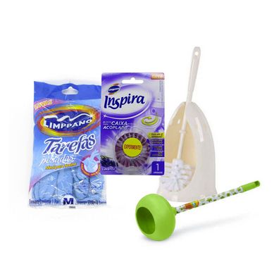 Kit Luvas Mdia Azul + Escova Sanitria c/ Suporte + 2 Inspira lavanda Cx. Acoplada + Desentupidor