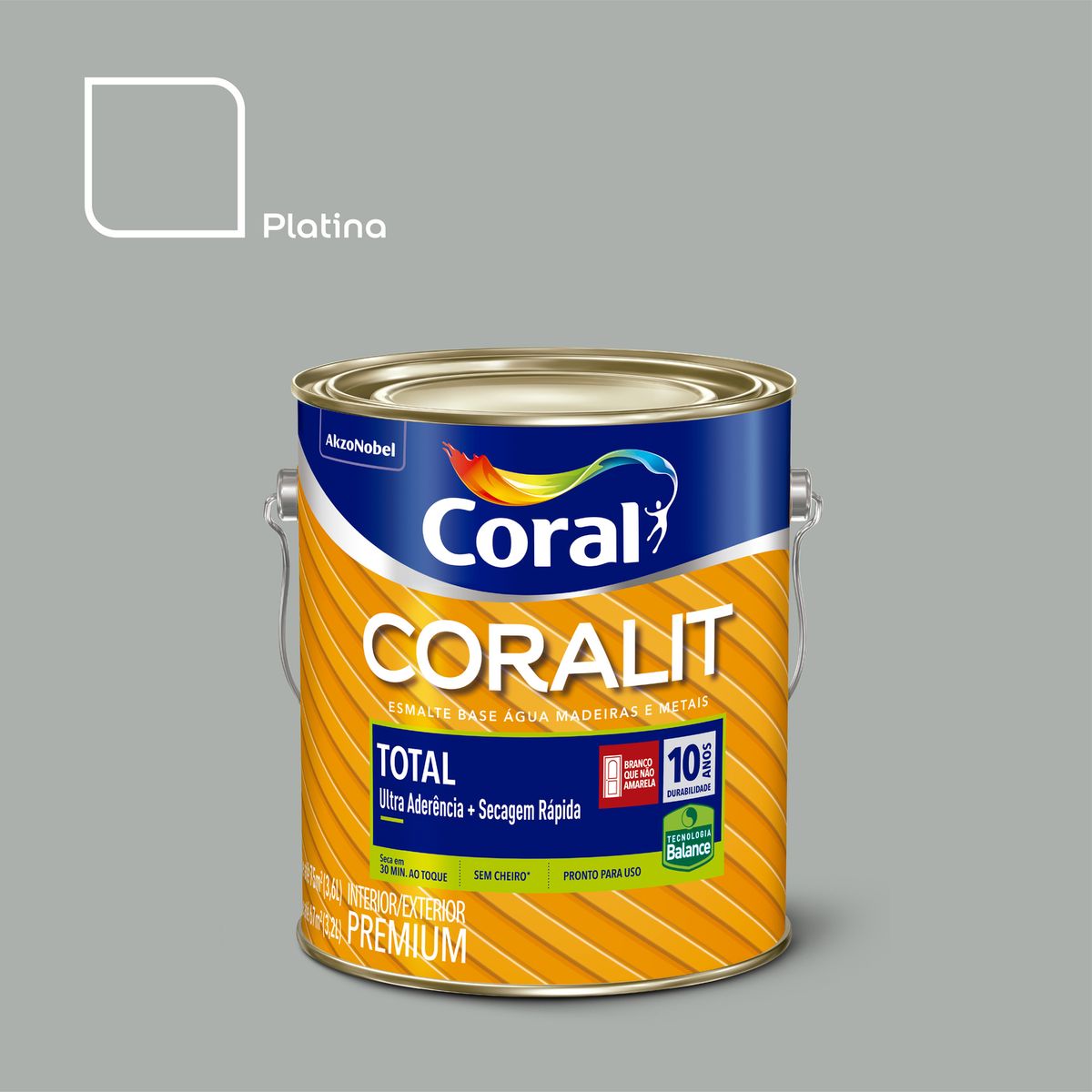 Esmalte Sintético Brilhante Platina 3,6L Coralit Premium para Madeiras e Metais, marca Coral - Foto Principal
