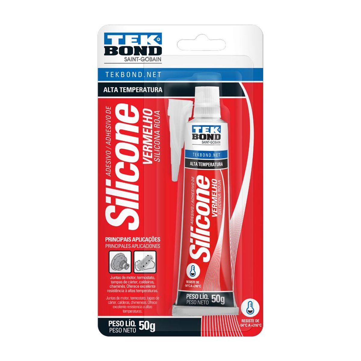Silicone Acético Blister Alta Temperatura, Vermelho, 50g, marca Tekbond - Foto Principal