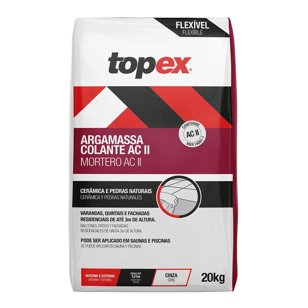 Argamassa ACII Flexível Externo Cinza 20kg Topex, marca Topex - Foto Principal